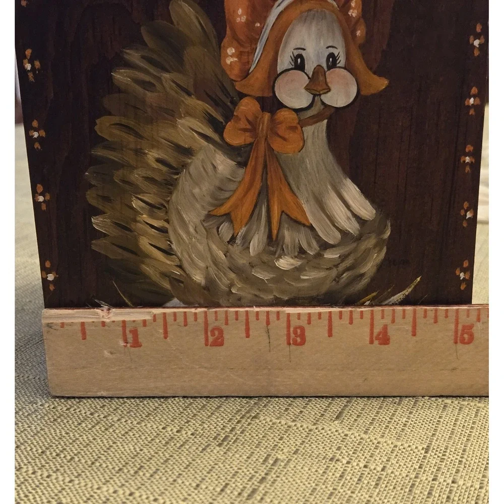 Vintage Hand Painted Folk Art Chicken Wood  Tissue Box Cover Bonnet Country Bow